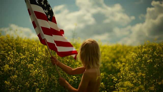 A young girl with an American flag in a field looking toward the horizon.